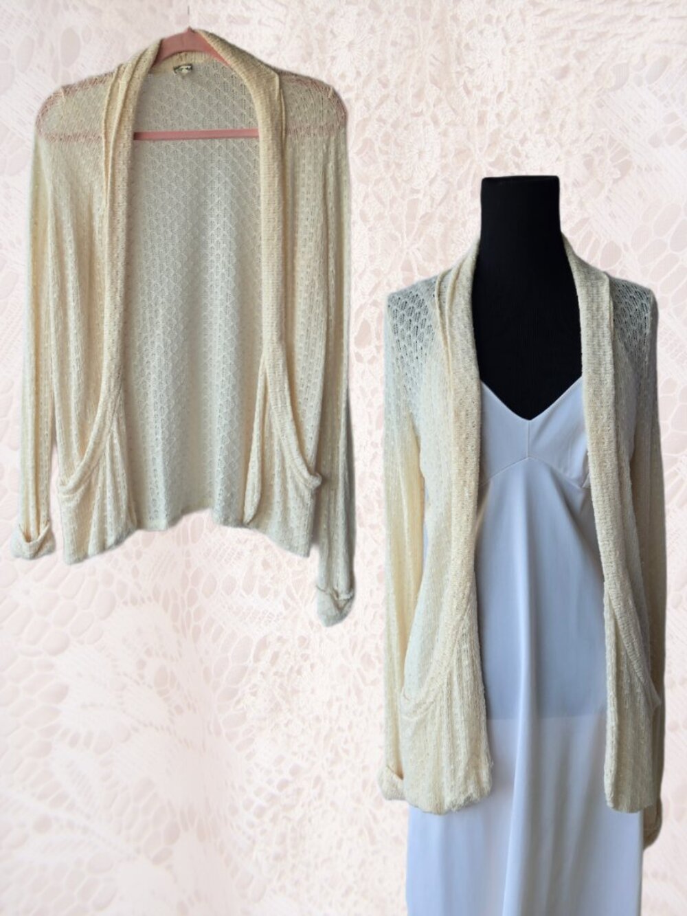 Kirra Cream Loose Knit Open Front Cardigan Sweater Cottage Office Large